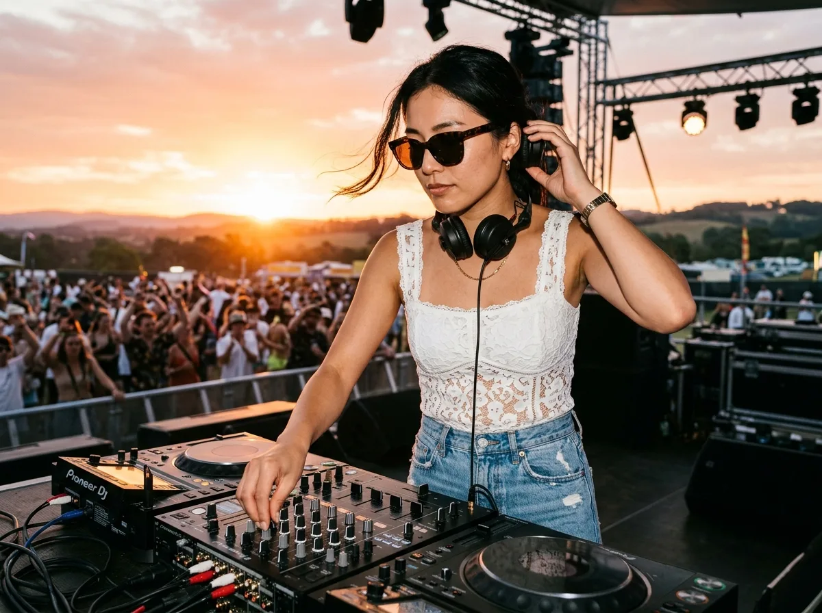 音乐节混音台：白色蕾丝与夕阳逆光的DJ