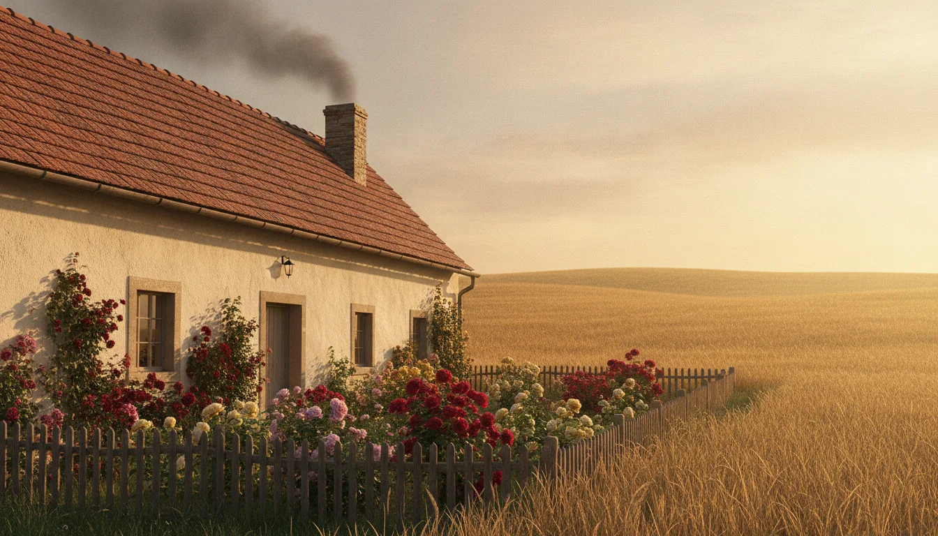 European Pastoral: Rose Garden and Golden Wheat Field Farmhouse