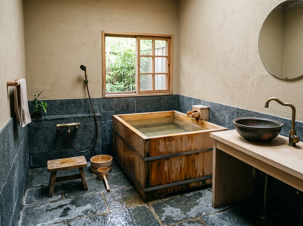 Light Japanese Style • Bathroom: Hinoki Bathtub and Wet/Dry Separation