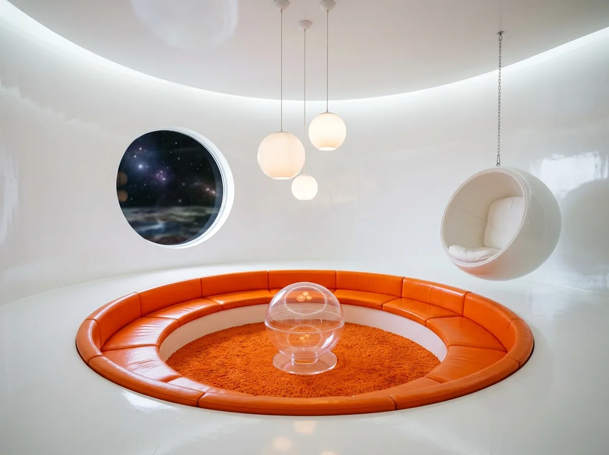 Space Age - Living Room: Ring Seating and Spherical Hanging Chairs