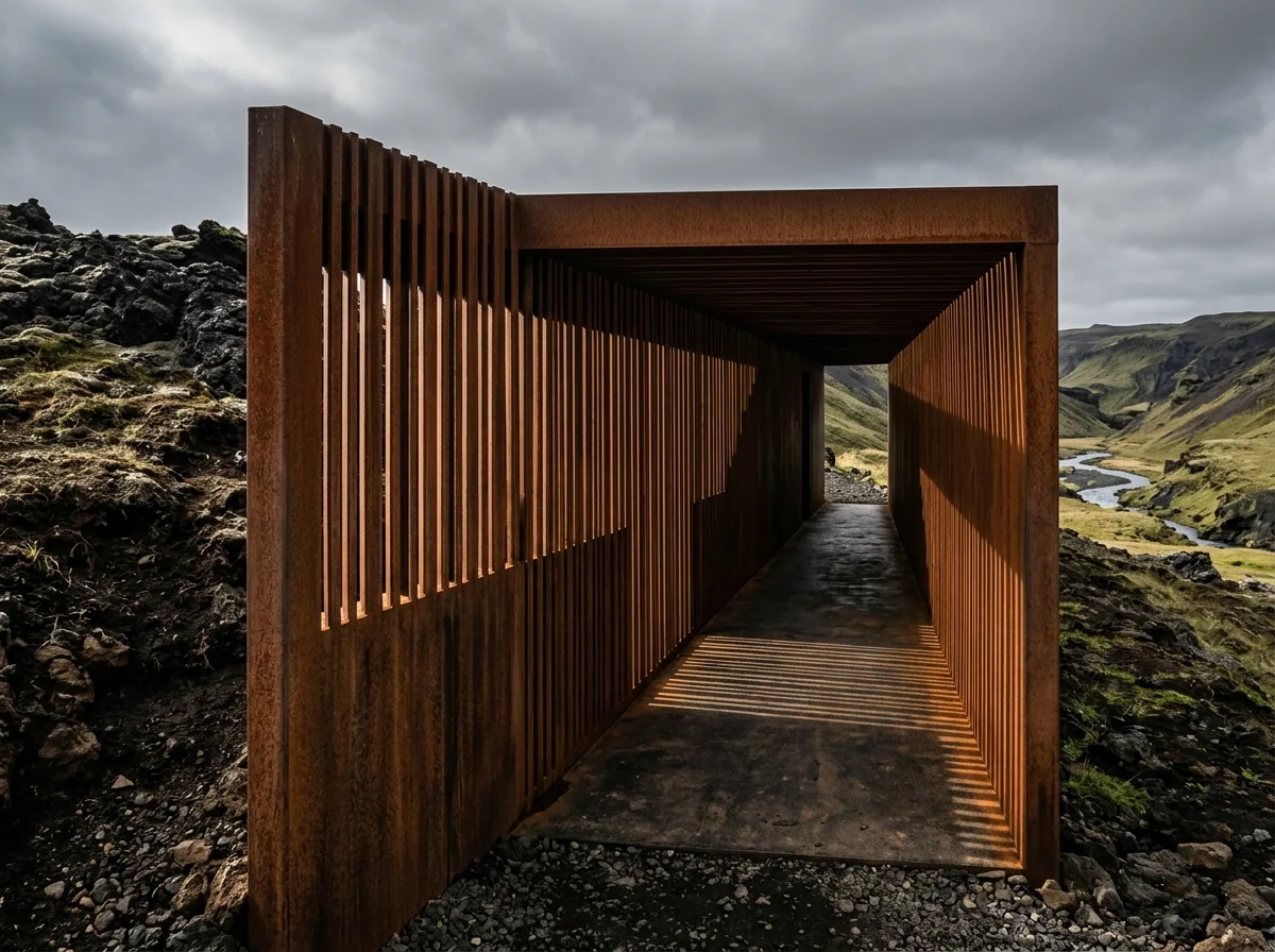 Corten Steel Cutout: A Corridor in a Volcanic Landscape