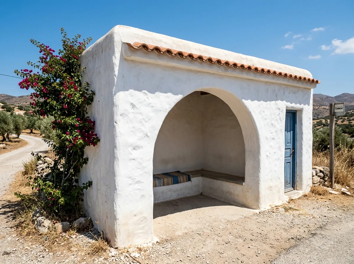 Mediterranean White Wall Bus Stop: Thick Walls, Arches, and Strong Light