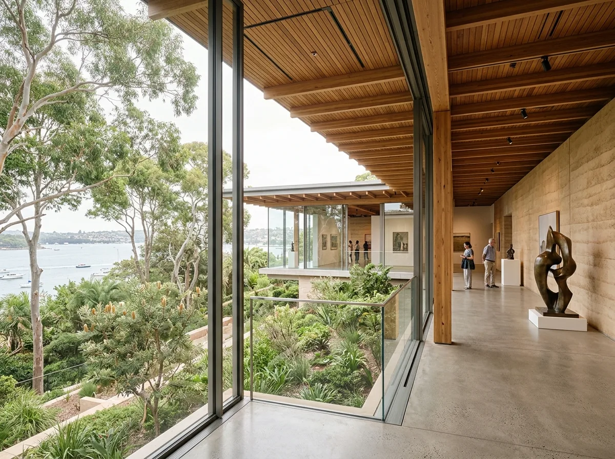 パビリオン群美術館内部：ガラス、木製天井、庭園の眺望