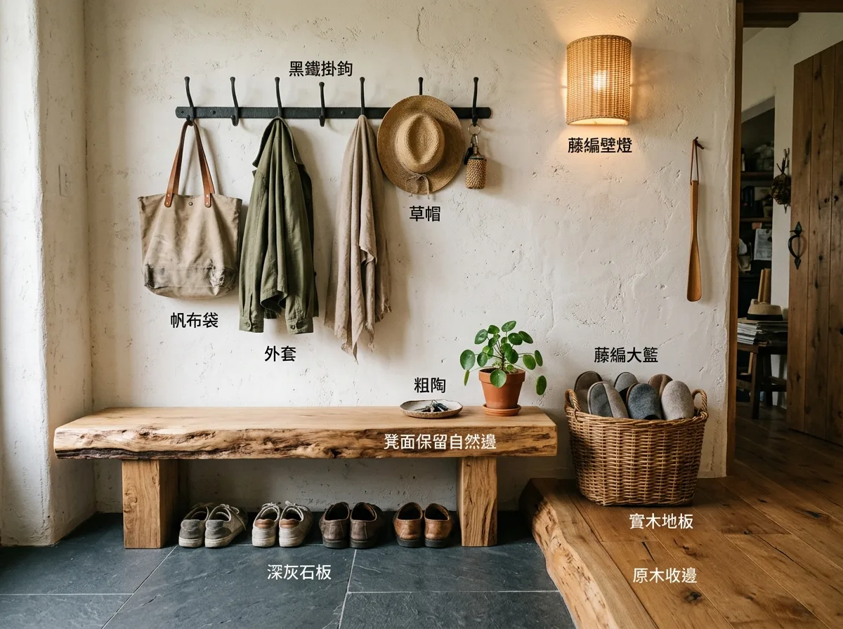 Solid Wood Style Entryway: Solid Wood Bench and Hooks