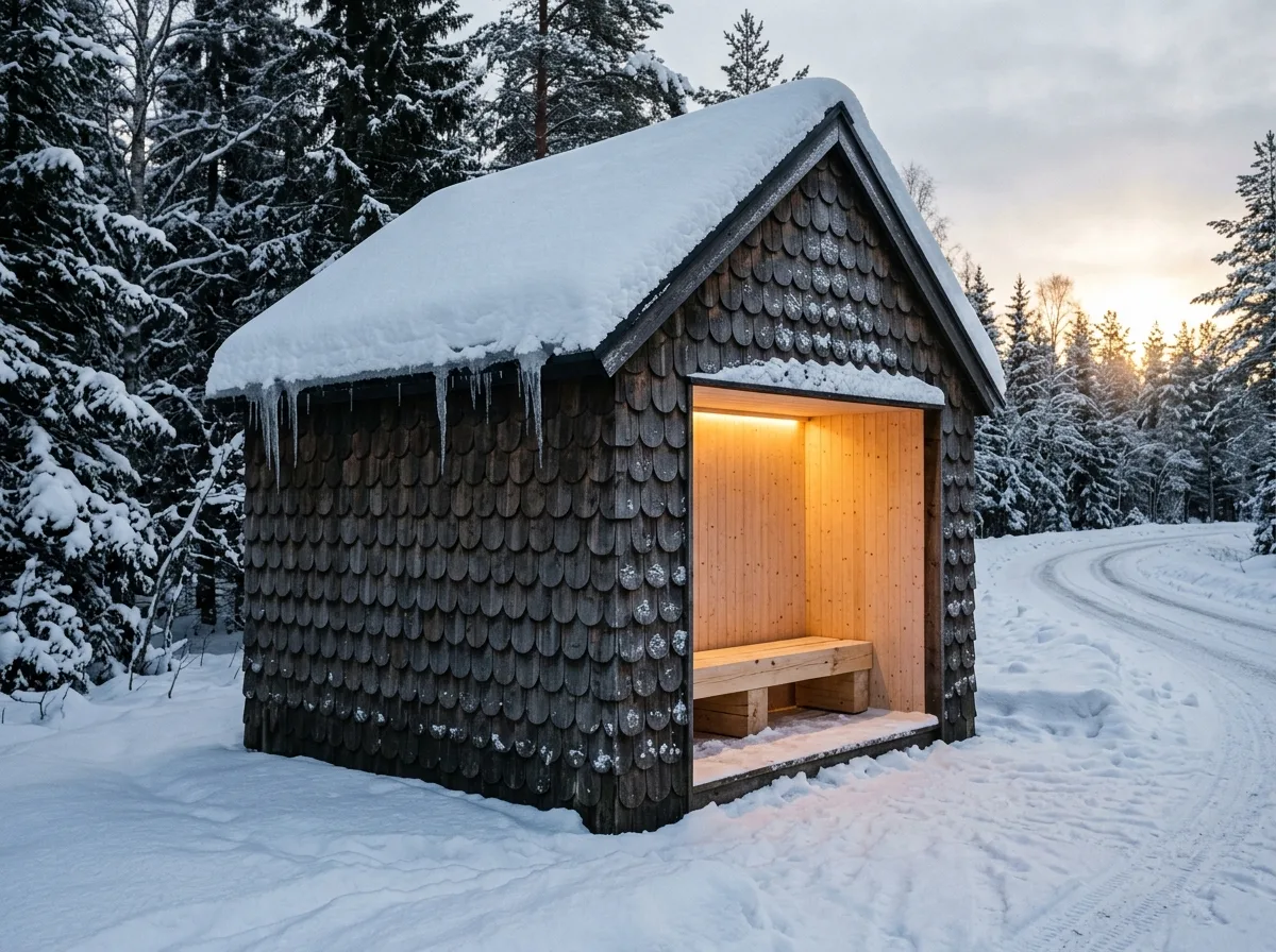 北欧の木製シングル屋根のバス停：魚の鱗と雪の完全な被覆