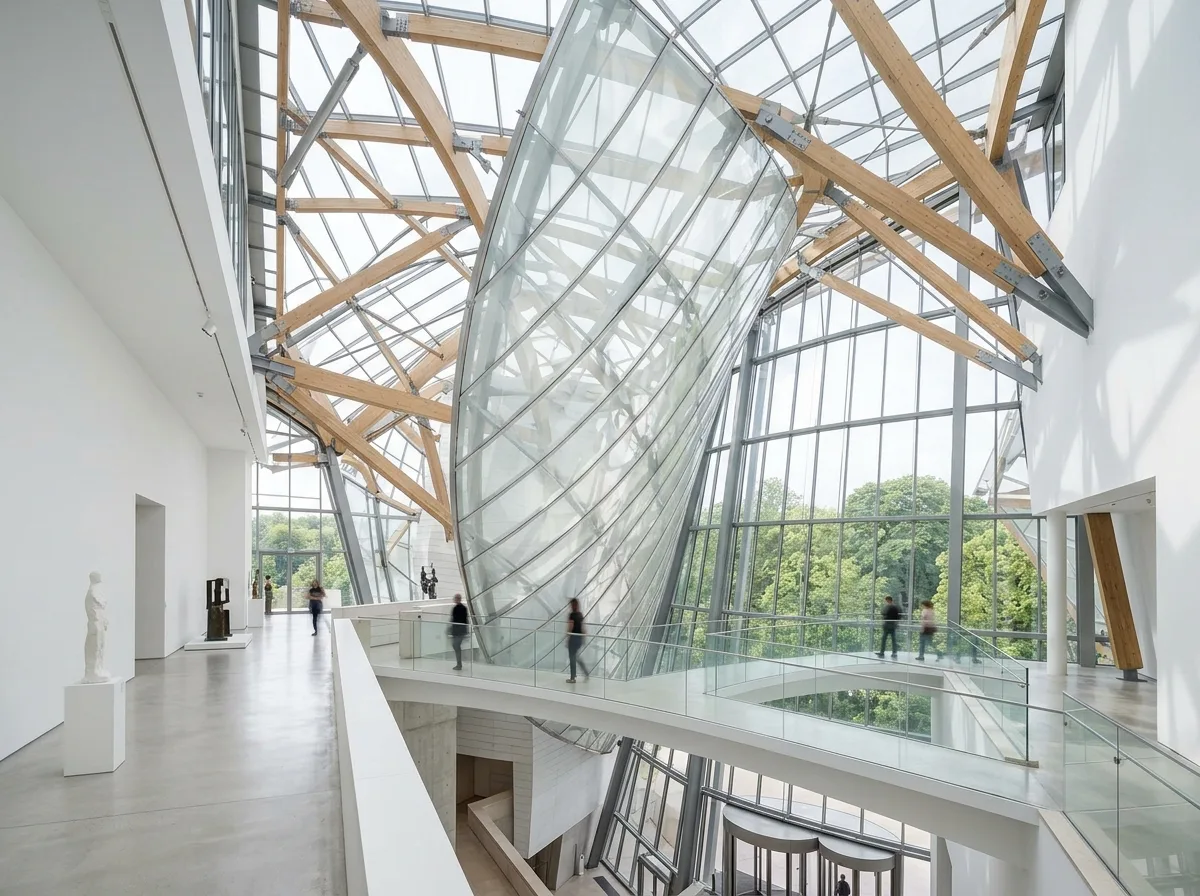 Glass Atrium Museum Interior: Luminous White Exhibition Hall and Skybridge