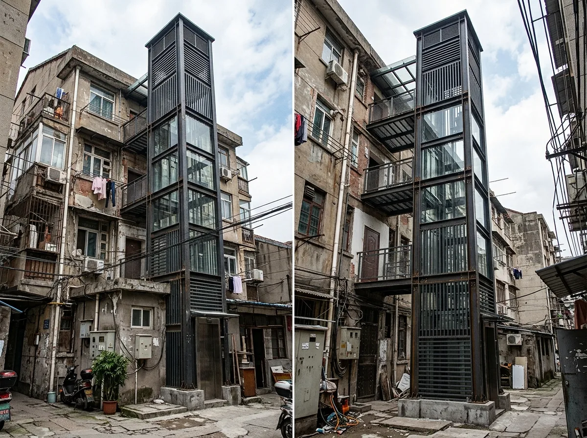 增设电梯：外挂在后面或侧面