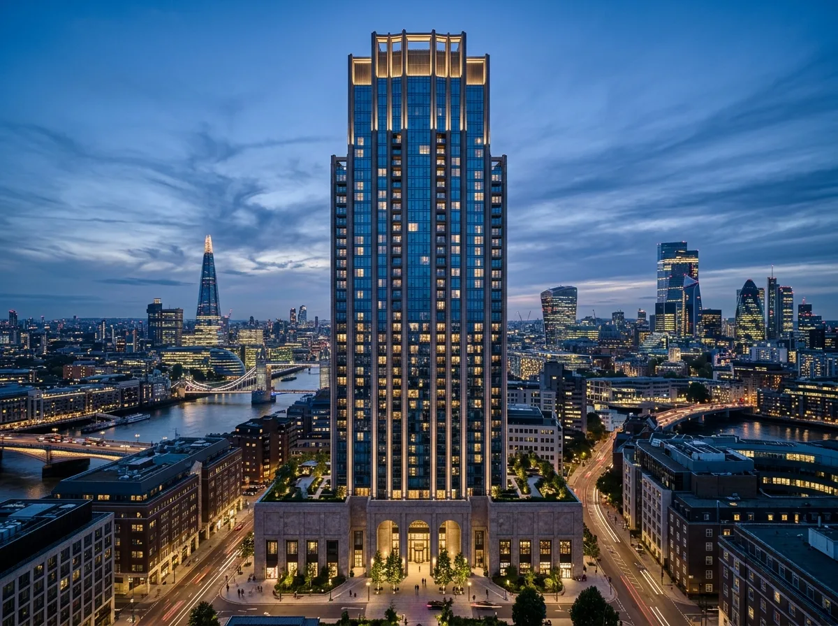 Strongly Vertically Segmented Blue Glass Tower: Granite Podium and Crown Lighting