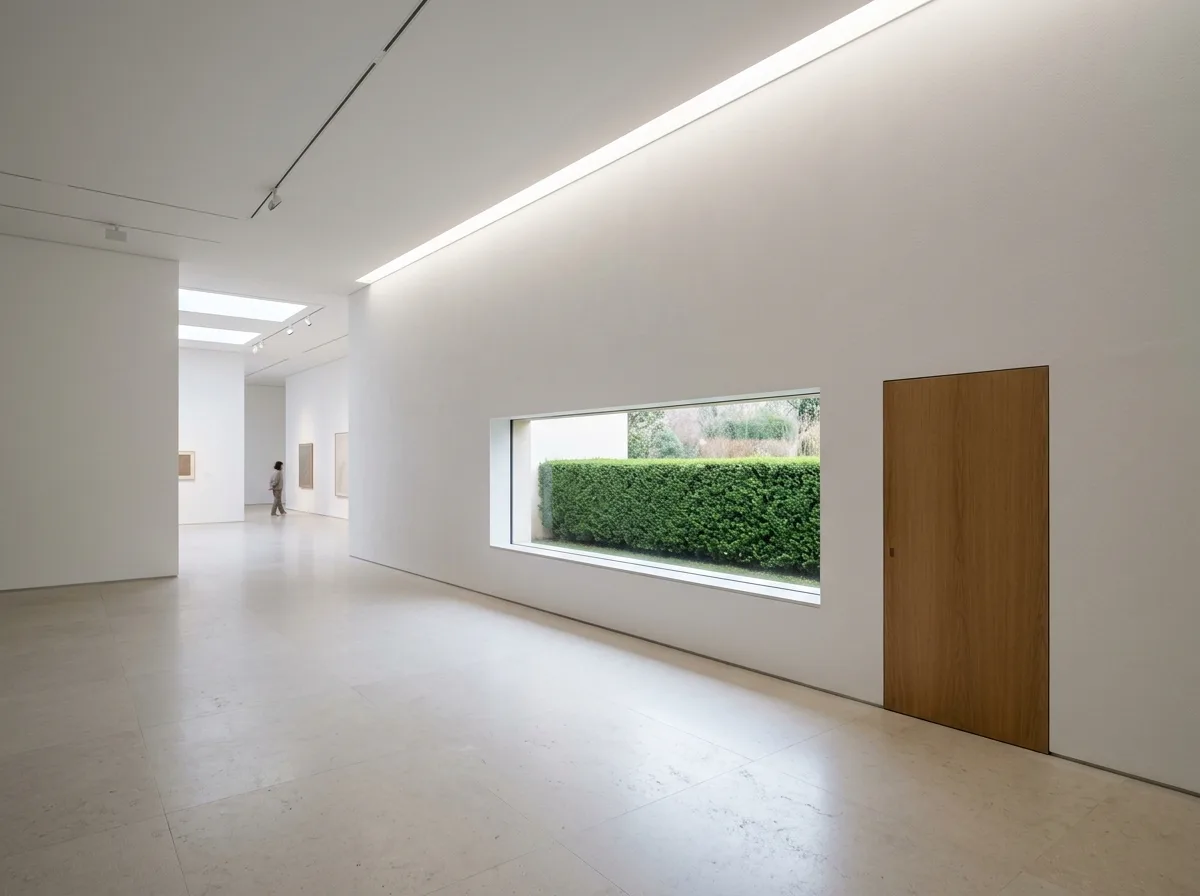 White Exhibition Hall and Framed Garden: A Quiet Sequence of Museum Interiors