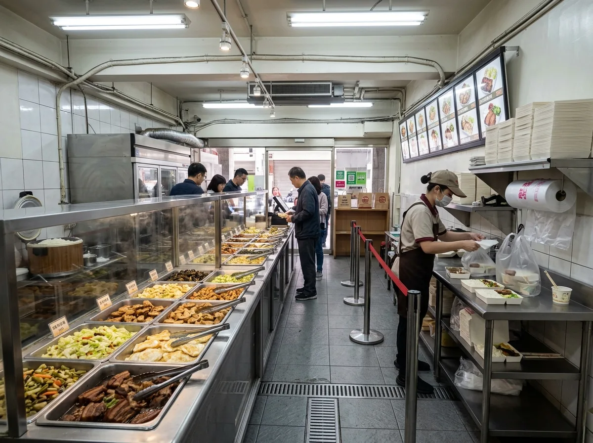弁当屋：セルフサービスカウンターとテイクアウト包装動線