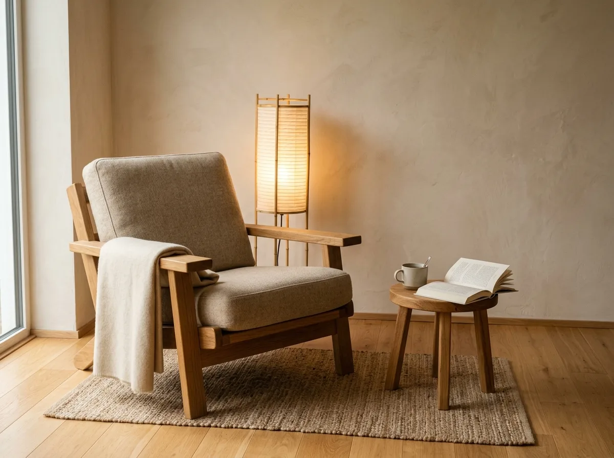 Warm Minimalism - Living Corner: A Chair and a Lamp