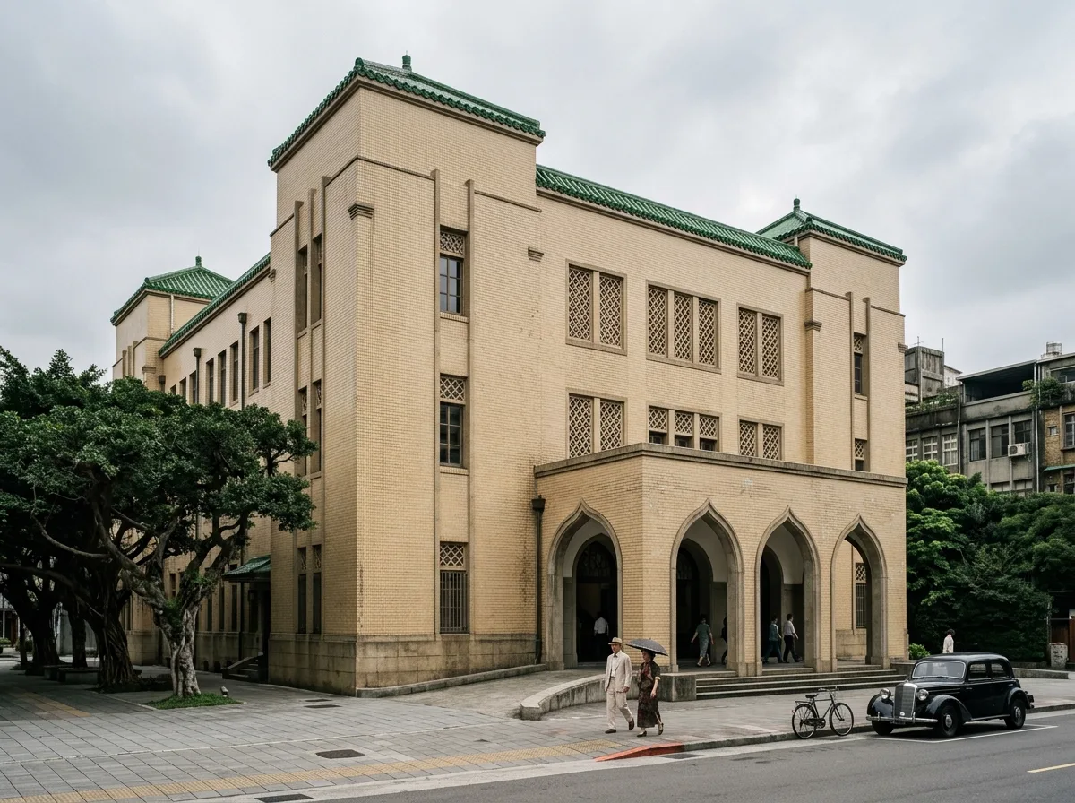Eclectic Guildhall: Islamic Pointed Arch, Glazed Tiles, and Light-Colored Facing Bricks