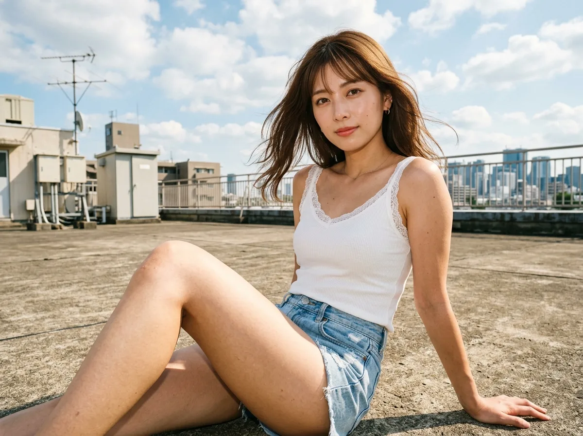 夏の風の屋上ポートレート：青空、コンクリート、逆光の髪
