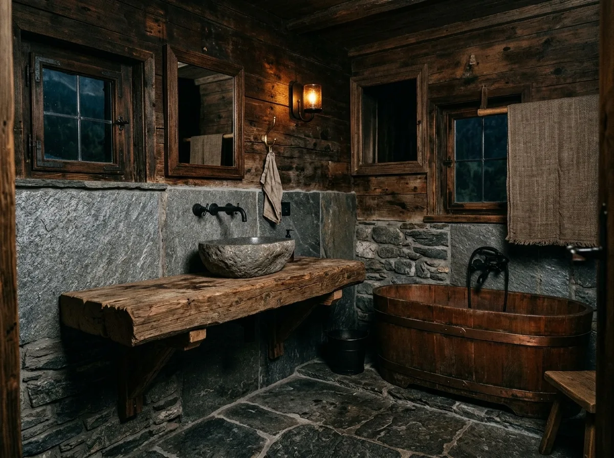 Mountain House・Bathroom: Wood, Stone, and a Basin of Hot Water