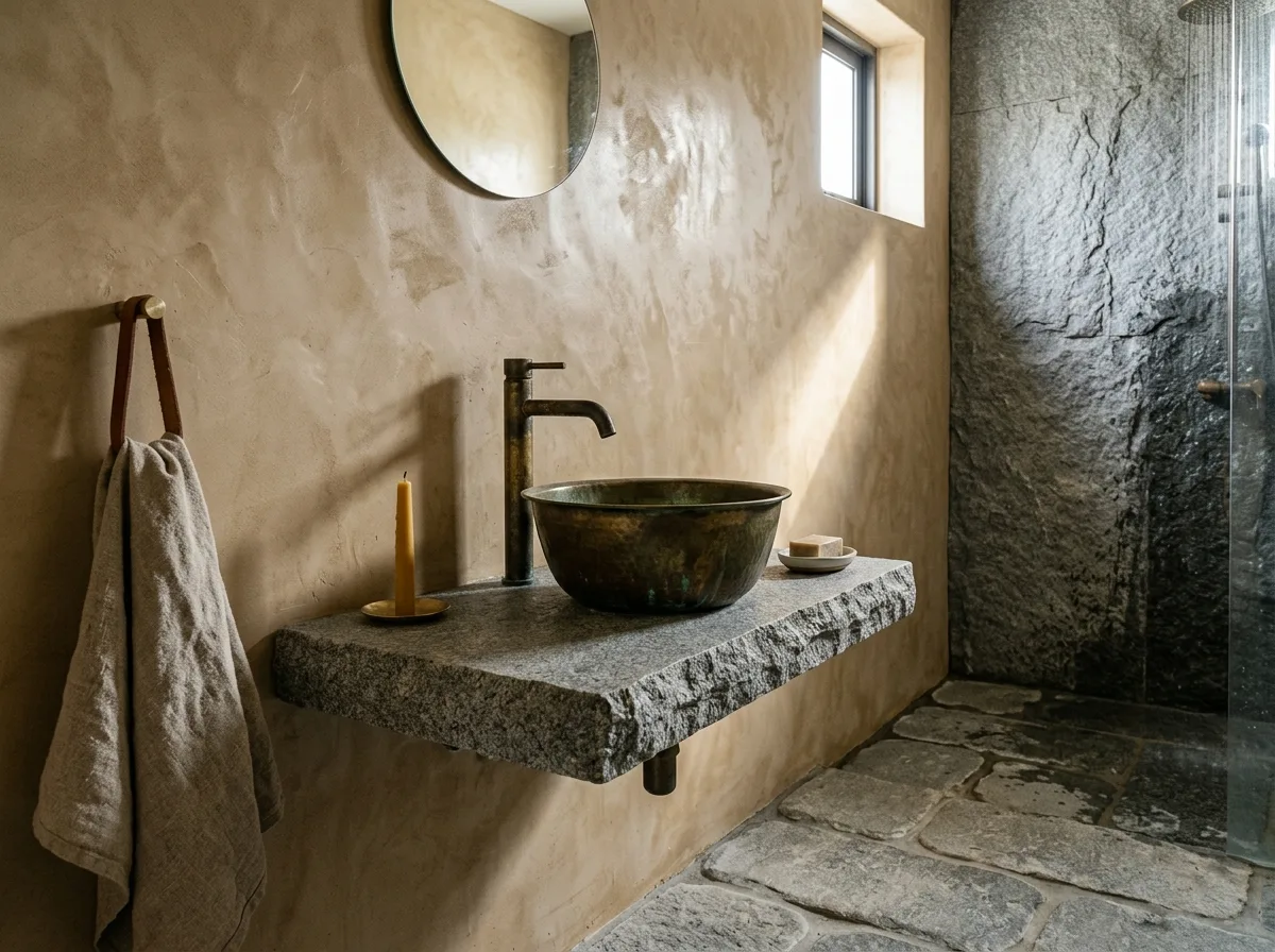 Material Experiments in Bathrooms: Patina, Lime, and Rough Stone