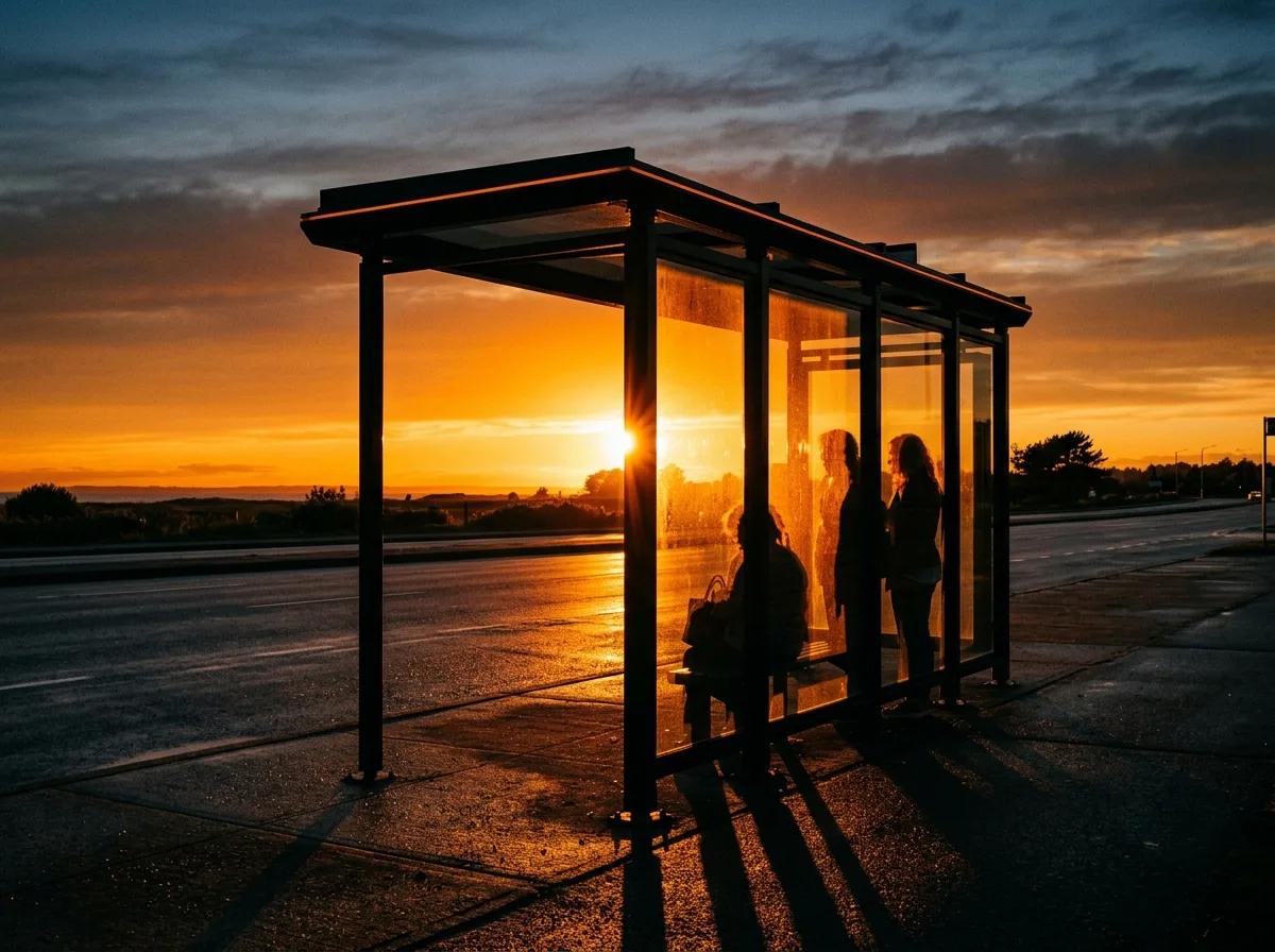 Sunset Backlit Bus Stop: Structure Becomes Silhouette