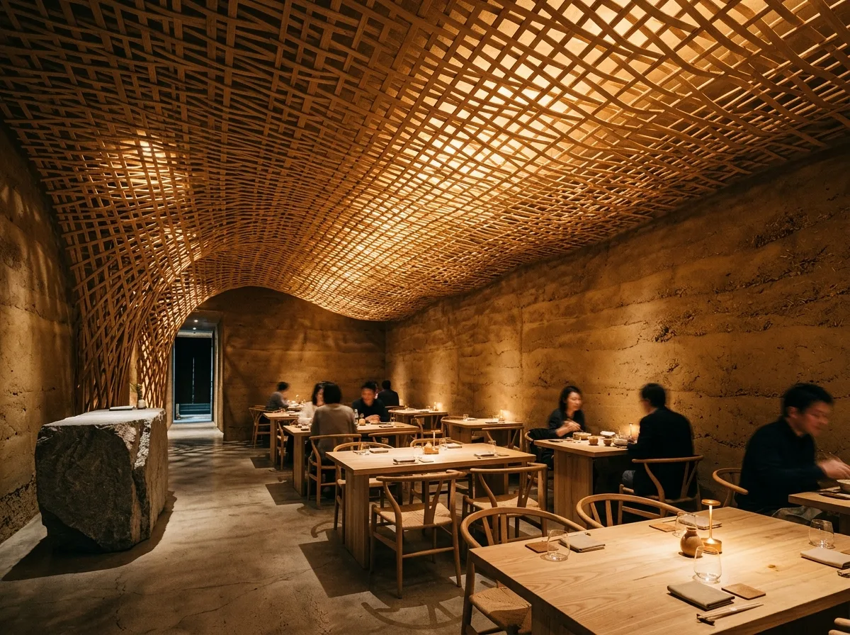 Timber Restaurant: Woven Ceiling and Earthen Walls