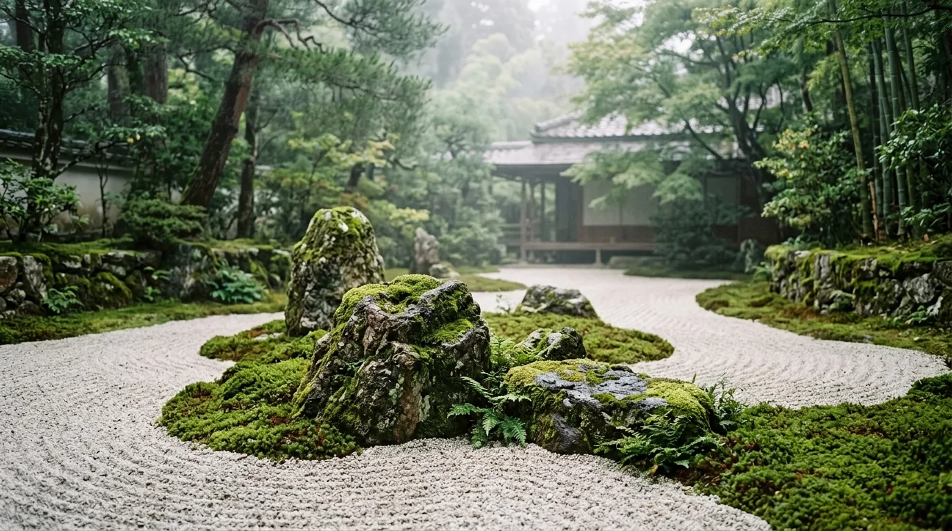 Shady Mossy Stone Serene Landscape