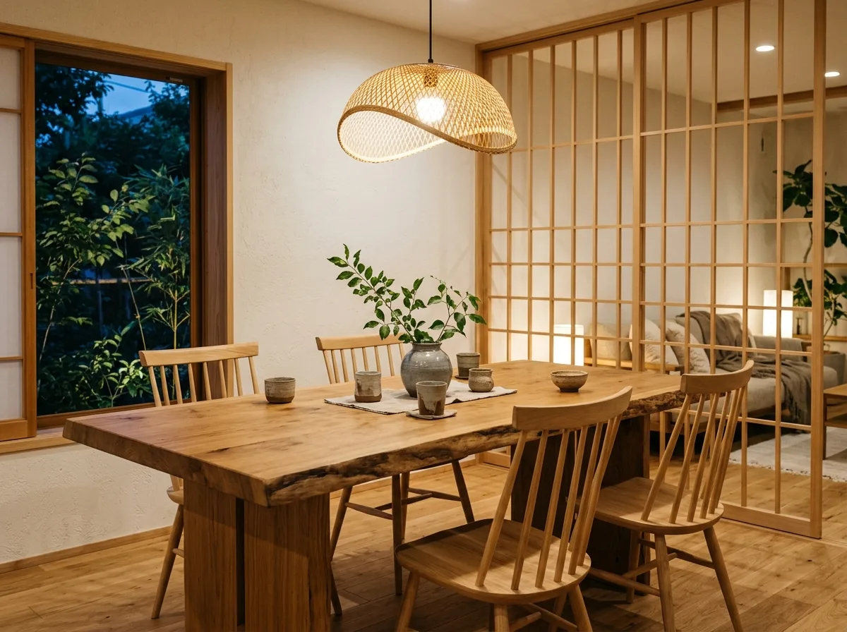 Light Japanese Style Dining Room: A Solid Wood Table and a Ceramic Pot