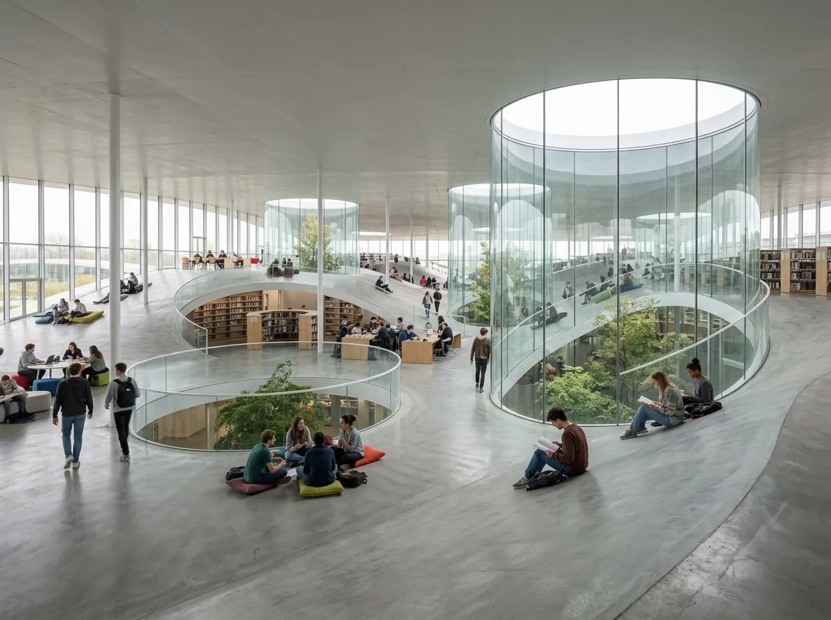 Interior of a Learning Center with Undulating Slabs: A Continuous Ground Without Stairs