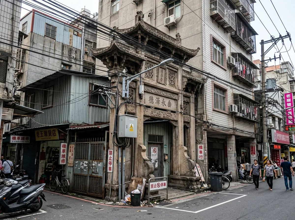Surrounded: An old gatehouse and surrounding illegal structures