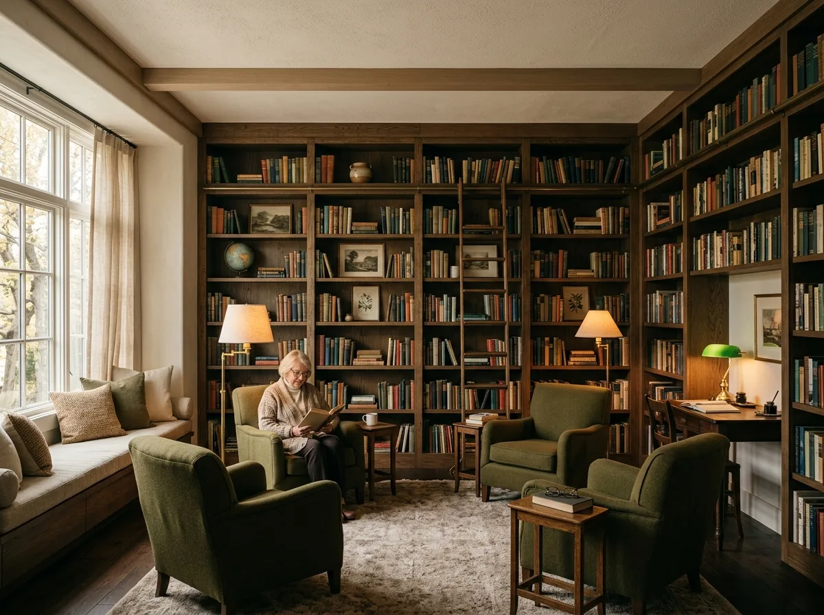Community Reading Room: Book Walls, Single Chairs, and Quiet Light