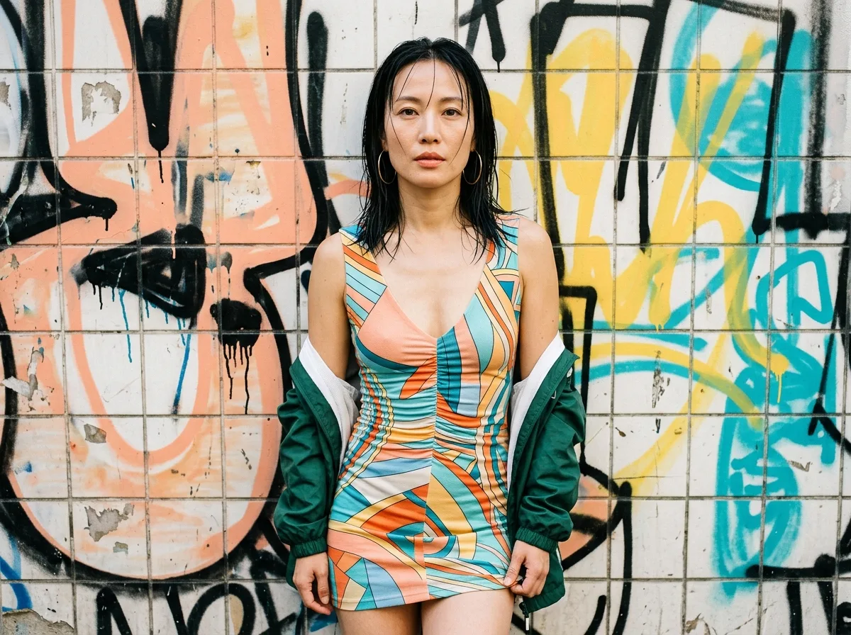 Street Fashion: Geometric Color-Blocking Dress in Front of a Graffiti Tile Wall