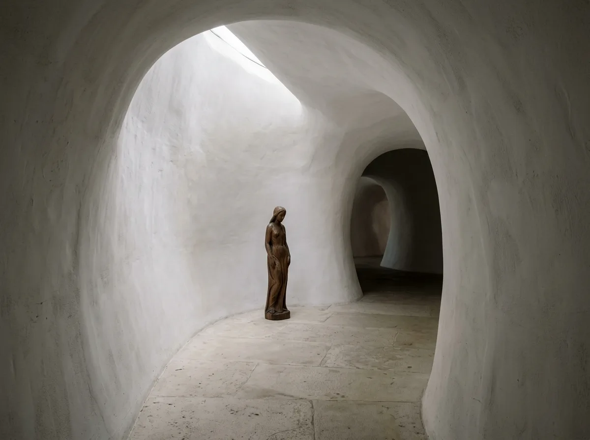 Cave-like White Exhibition Space: Continuous Curved Walls and Diffused Top Lighting