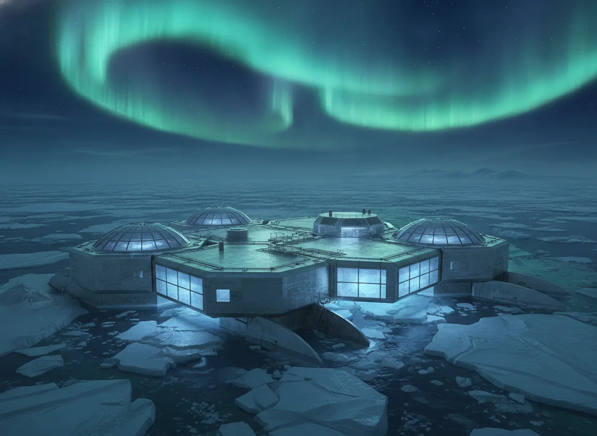 Polar Floating Research Station: Dance of Ice Crystals and Aurora