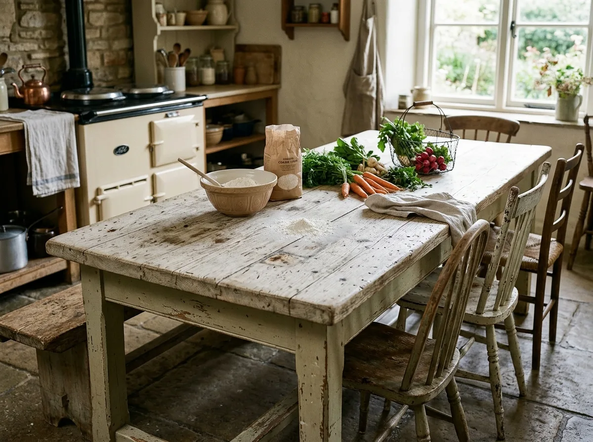 Scrubbed farmhouse table: unvarnished top