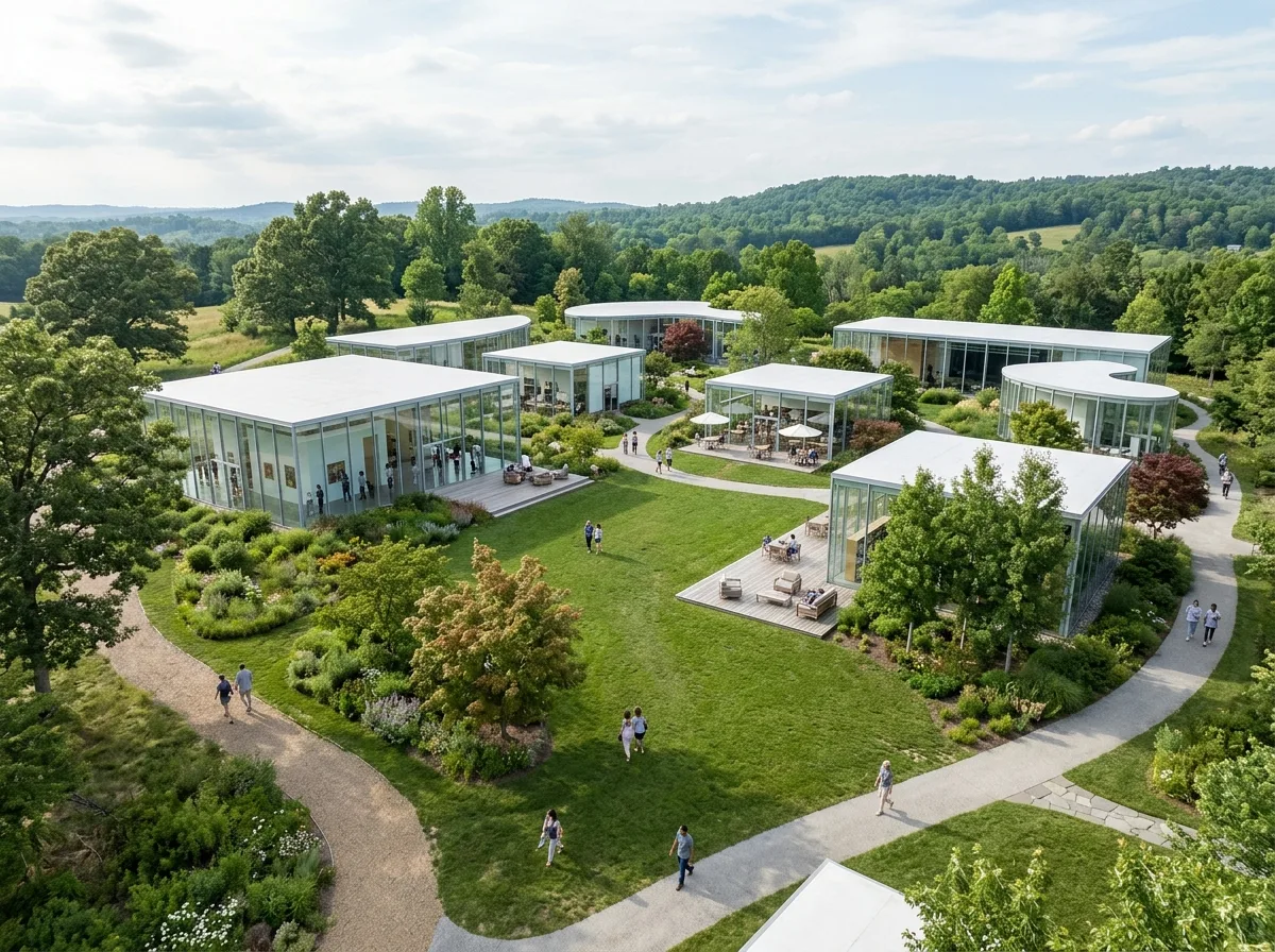 Pavilion Cluster Composition: A Low-Rise Campus Connected by Courtyards